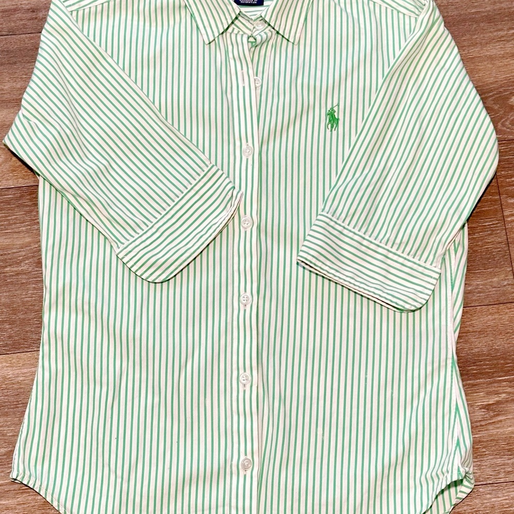 Ralph Lauren Men's White and Green Striped Shirt